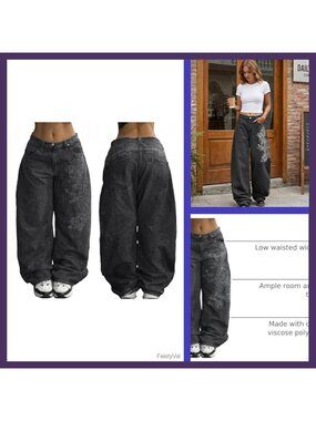 Women's Baggy Wide Leg Jeans Cotton Blend Mid Waist Hip Hop Denim Pants